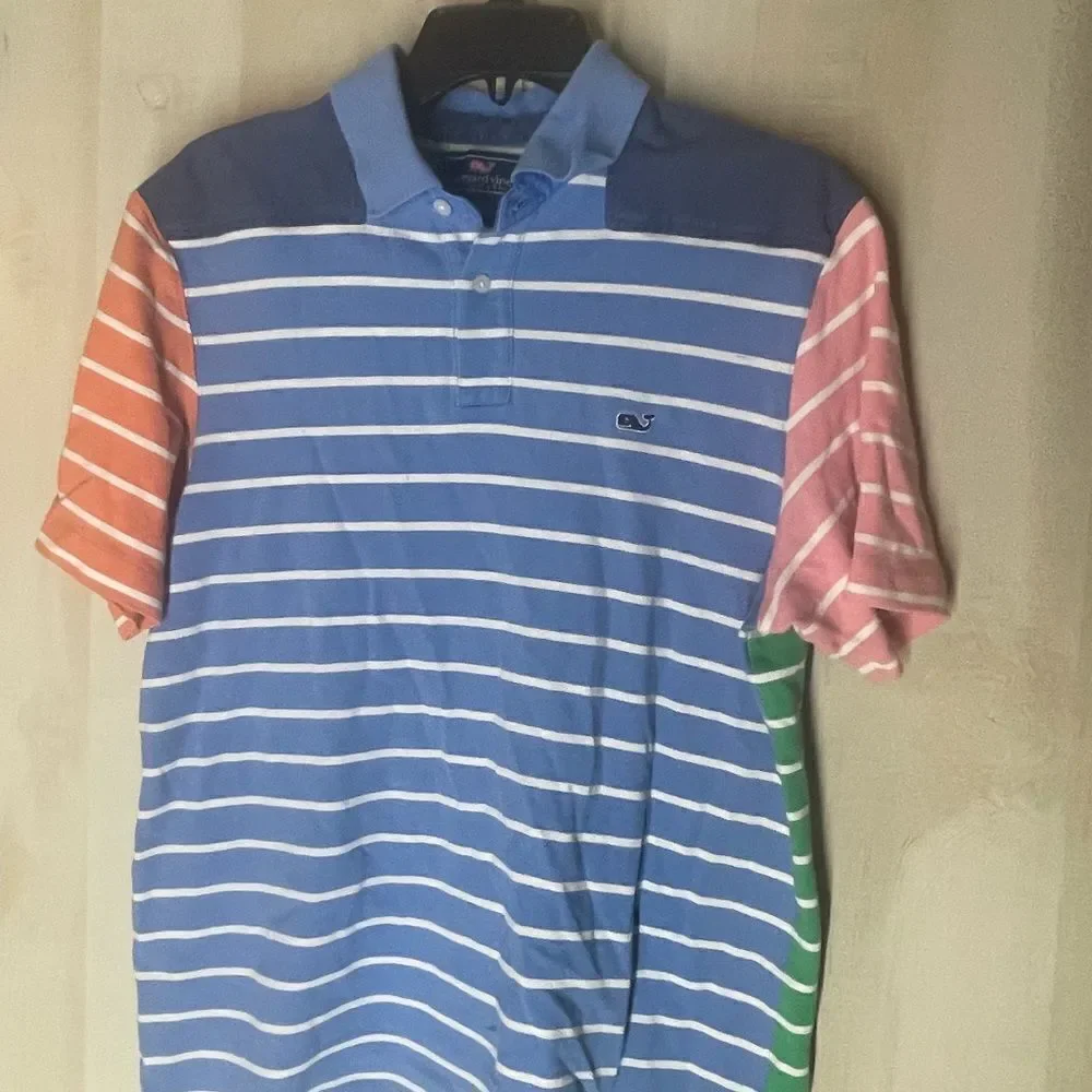 Vineyard Vines blue green‎ pink white shirt sleeve striped polo shirt, medium